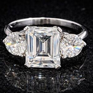 9ct Diamonique 3-Stone Emerald Step Cut Round Cz Engagement Ring sterling silver